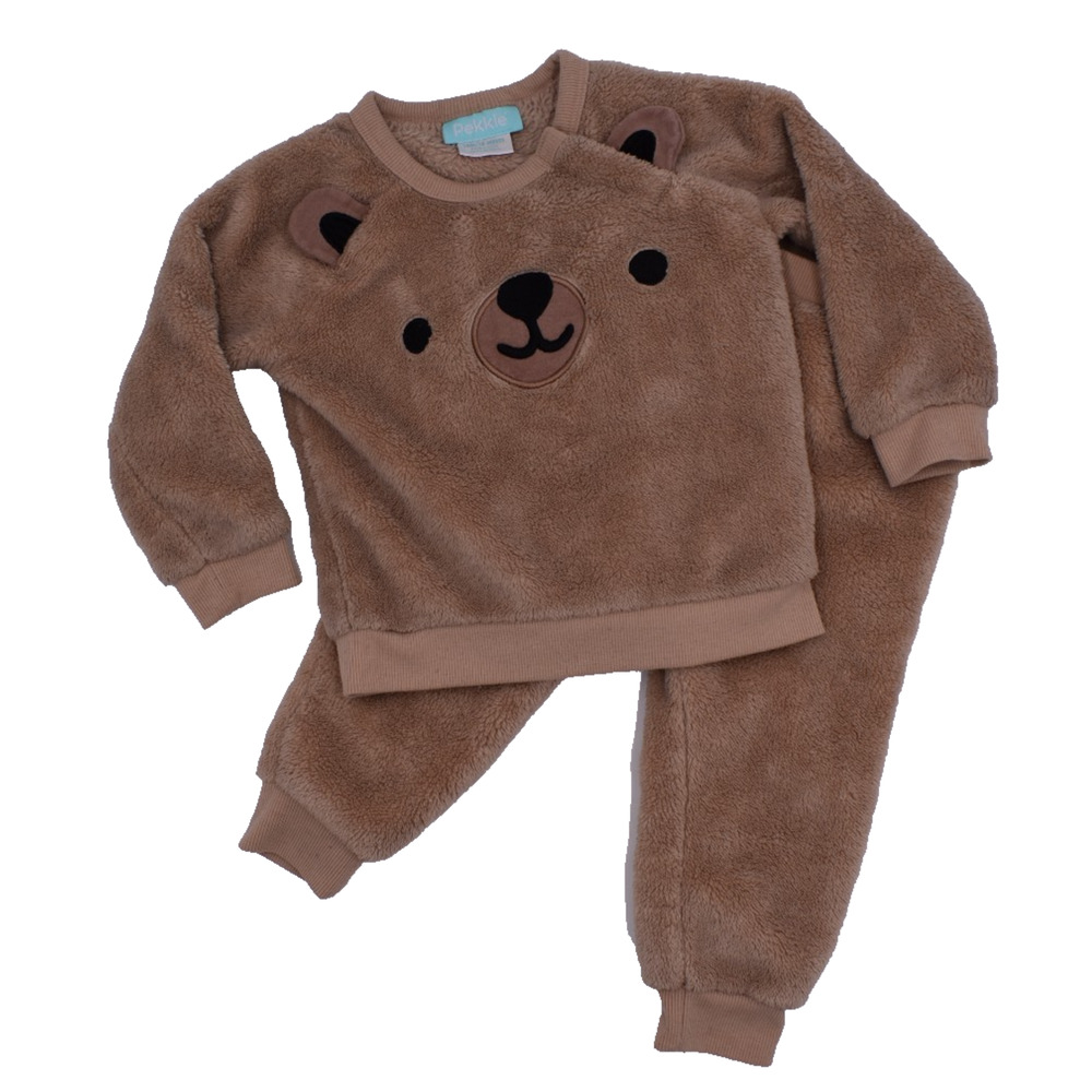 PEKKLE Happy Bear 2PC Plush Sherpa Jogger Lounge Set Tan Cozy Outfit Costume 18M